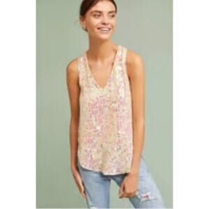 Moulinette Soeurs by Anthropologie Ivory Iridescent V-Neck Tank
